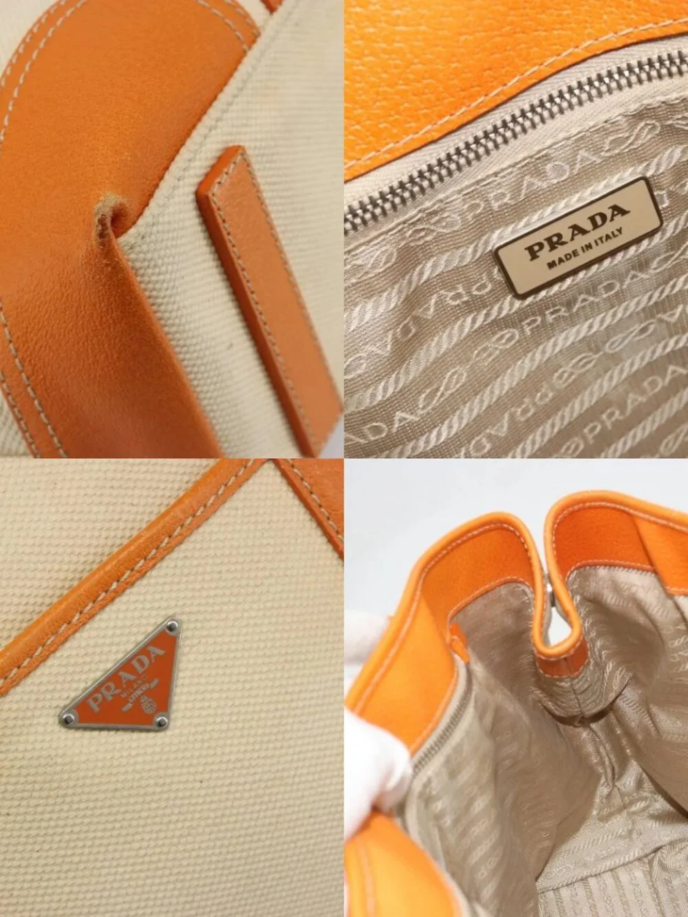PRADA Tote Bag Canvas Beige Silver Auth ka4818V